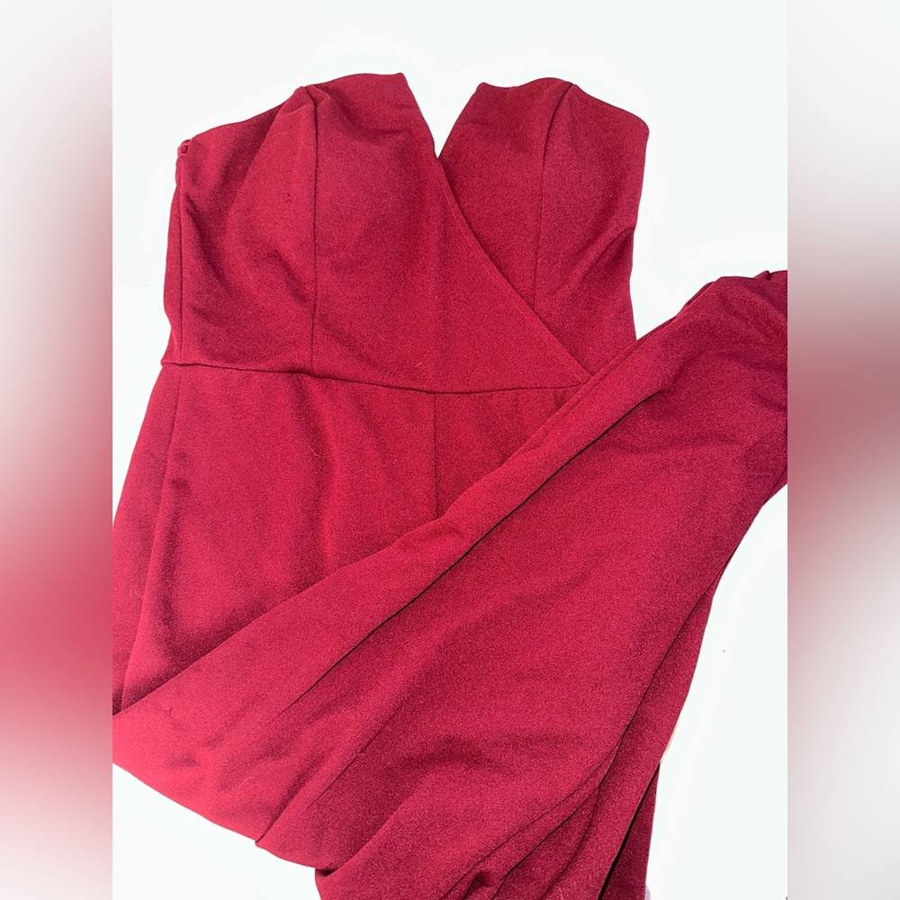 red/maroon strapless jumpsuit